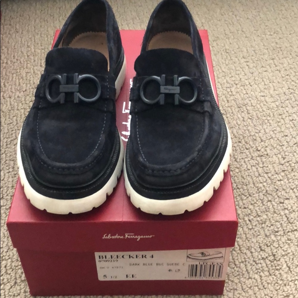 Blue suede ferragamo loafers